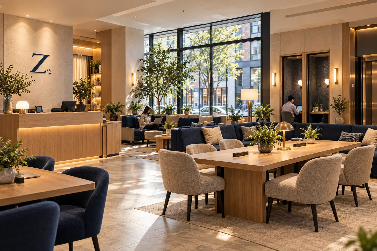Staffed ZHAI lobby with communal work tables and navy lounge seating